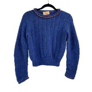Vintage Nancy & Co Blue Chunky Rib Knit Sweater Cropped Fit Braided Neckline S